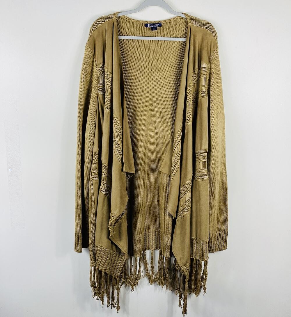 Roaman's Sweater Jacket 30 32 Brown Knit Faux Suede Fringe Trim Open Drape